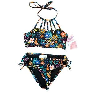 Hobie Girls Floral Two Piece Bikini Swimsuit Black Halter Cage Neck NWT Size 7